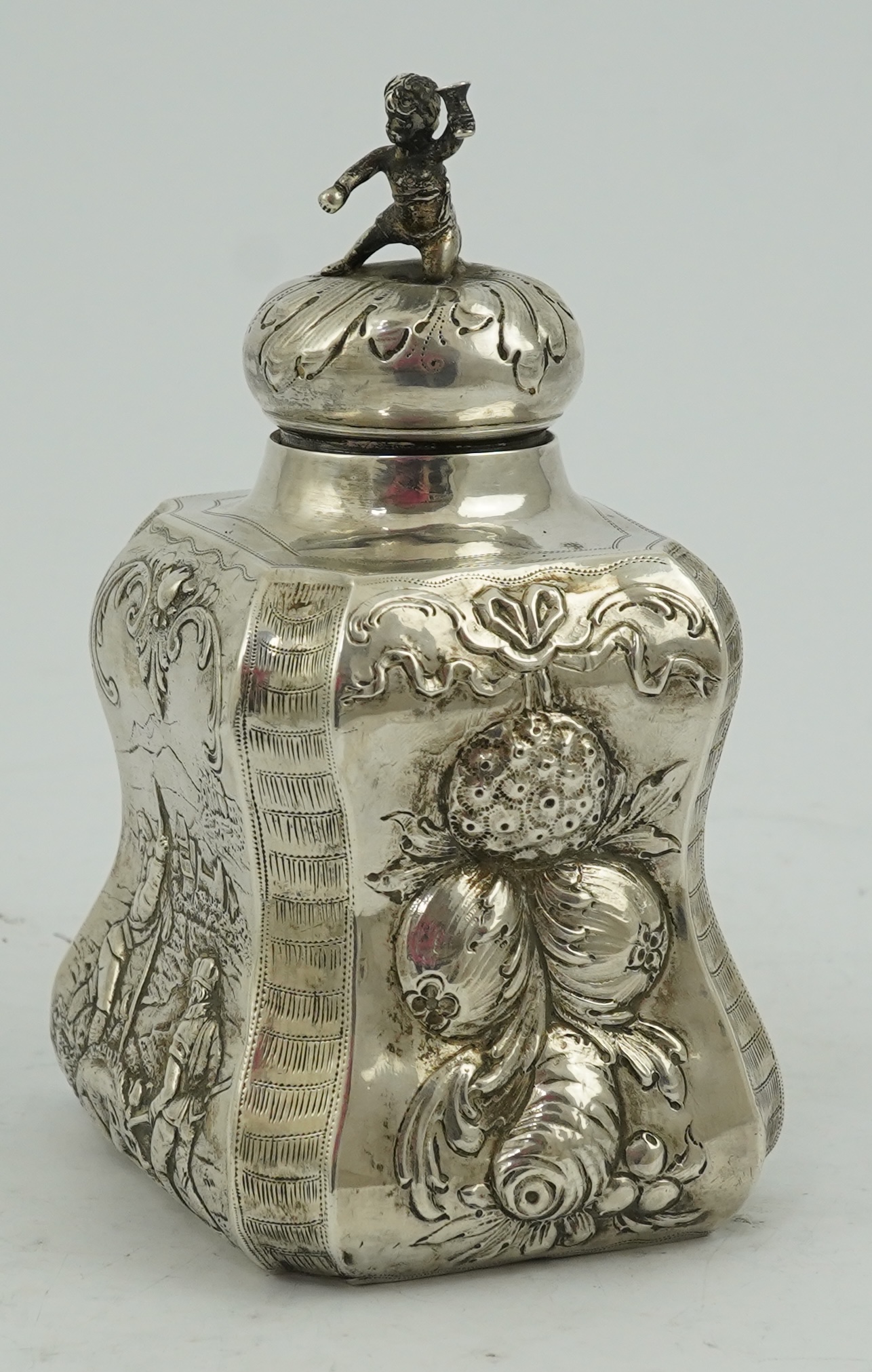 A late Victorian Hanau silver tea caddy and cover by Berthold Muller, with import marks for Chester, 1899